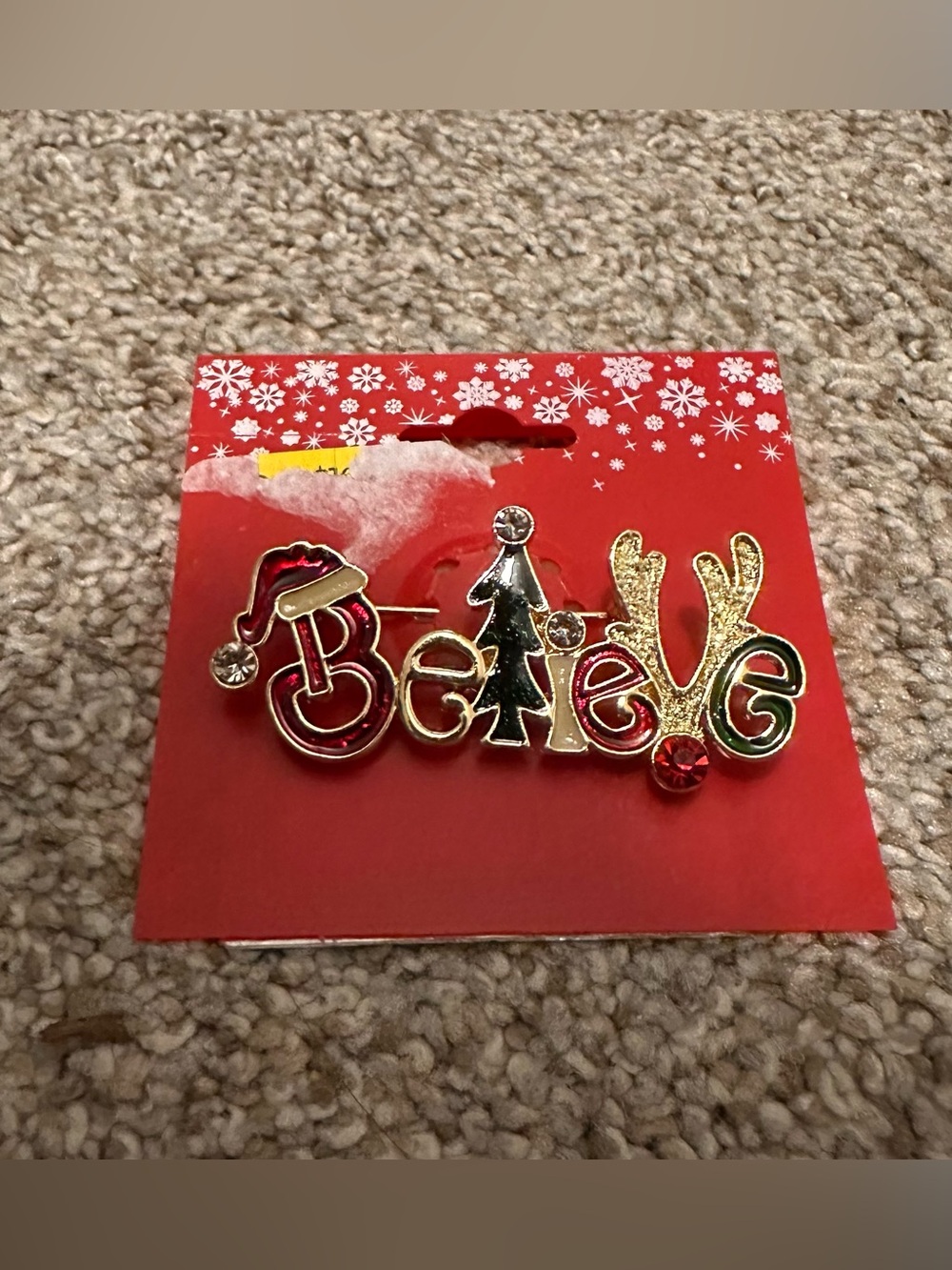 ‘Believe' Holiday Pin in Red and Gold